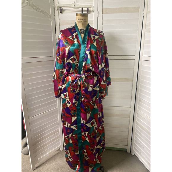 80s 90s Frederick's of Hollywood Satin Long Full Length Jewel Tone Robe Large - Picture 1 of 9
